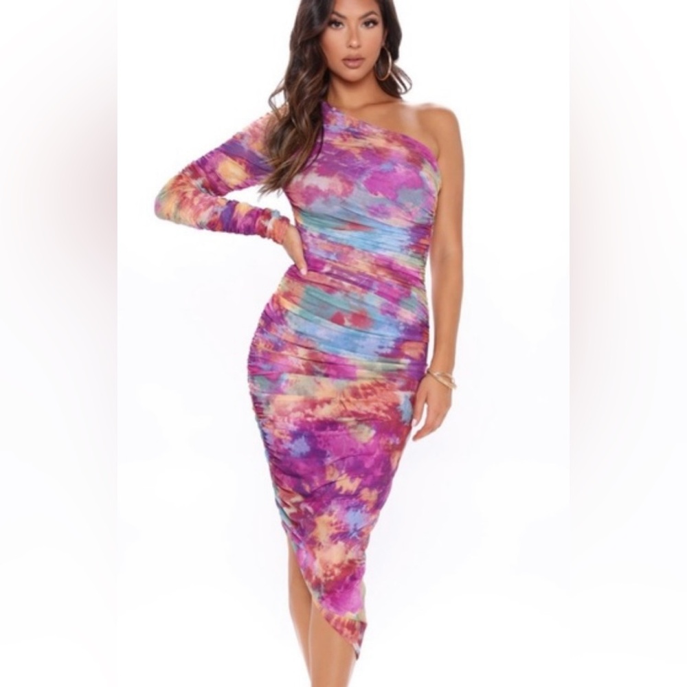 Fashion Nova purple ruched midi dress, one arm, size medium, worn once